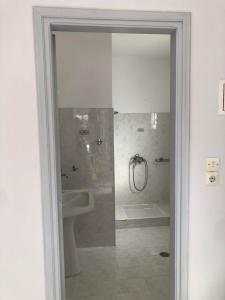 瓦西Port view Studios的带淋浴、卫生间和盥洗盆的浴室