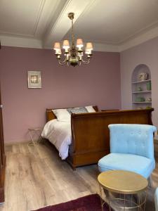 圣奥梅尔au 33 chambres d'hôtes的一间卧室配有一张床、一把椅子和一个吊灯。