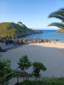 利亚内斯EL COLLAU的一片拥有水和棕榈树的海滩和大海