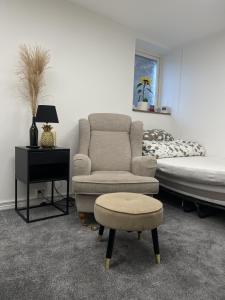 兰斯克鲁纳BRABO的一间卧室配有一张床、一张沙发和一把椅子