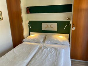 巴德小基希海姆Appartementanlage Bach的一张带绿色床头板和白色床单的床