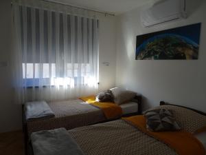 NovskaApartman Dabrović的一间卧室设有两张床和窗户。