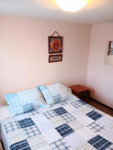 巴拉斯港CABAÑA EN PUERTO VARAS的卧室配有一张床,墙上挂着一个钟