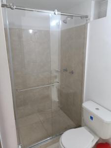 亚美尼亚Apto 606 san Luis Rey Armenia的浴室设有玻璃淋浴间和卫生间