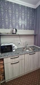 费尔干纳Status House的厨房柜台配有微波炉和水槽
