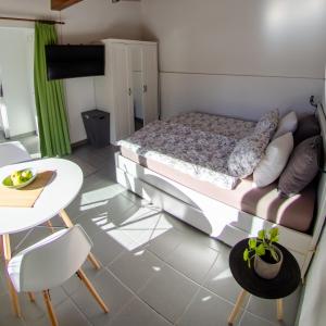 隆科索普拉阿斯科纳Rustico al Sole - Just renewed 1bedroom home in Ronco sopra Ascona的一间卧室配有一张床、一张桌子和一台电视。
