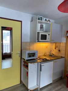 雷莱克斯Charmant appartement au pied des pistes de Lelex的厨房配有白色橱柜、水槽和微波炉