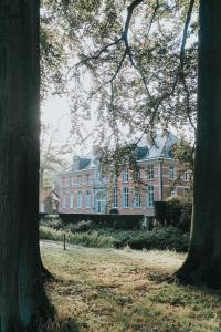 RanstBleyckhof in een uniek natuurgebied的前面有一棵树的大砖房子