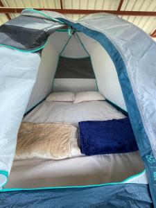 瑟格莱什布尔Byrahalli Bliss riverside camping的帐篷内有一张床