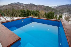 NemesiPensiunea Cascada的一座蓝色的游泳池,后面是群山