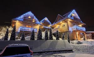 亚沃尔基Osada Jaworki B&B的雪中遮盖着圣诞灯的房子