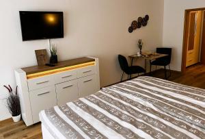 蒂蒂湖-新城Ferienwohnung Traumwerk Titisee的一间卧室配有一张床和一台平面电视