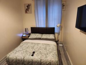 伦敦2-bedroom flat in Cutty-Sark, Greenwich !的一间小卧室,配有一张床和电视