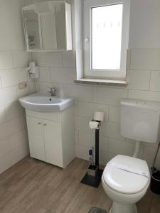 HarztorPension Lavendel的一间带卫生间、水槽和窗户的浴室