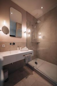兰茨胡特Hotel Amalia - Boutique Hotel的一间带水槽和淋浴的浴室
