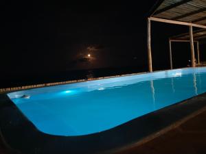 伊卡普伊Restaurante & Pousada Portal dos Ventos的夜晚的游泳池,背景是大海