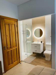 艾因西莱姆New, Modern Ground Floor Apartment with Pool的浴室配有卫生间、盥洗盆和淋浴。