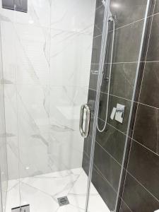 奥克兰Trafalgar Place的带淋浴的浴室和玻璃门