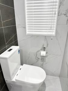 奥克兰Trafalgar Place的白色的浴室设有卫生间和窗户。
