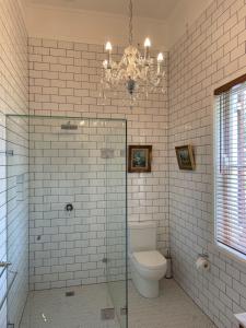 GretaLeconfield House的一间带卫生间和吊灯的浴室