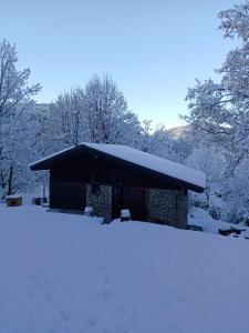 LantosquePetit coin de paradis en pleine nature的雪地中带雪盖屋顶的建筑