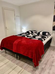 罗瓦涅米Guest House Koskenkylä的一间卧室配有一张床铺,床上铺有红色毯子