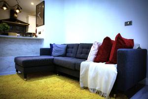 曼彻斯特Rostron House的客厅配有蓝色沙发和红色枕头