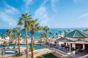 沙姆沙伊赫Park Regency Sharm El Sheikh Resort的一座带一座桥梁的度假村,位于一座游泳池和棕榈树上