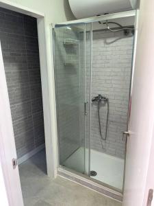 巴达霍斯Apartamento Valdepasillas的浴室里设有玻璃门淋浴