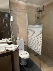 达喀尔Hotel Fleur De Lys Almadies的浴室配有卫生间、盥洗盆和淋浴。