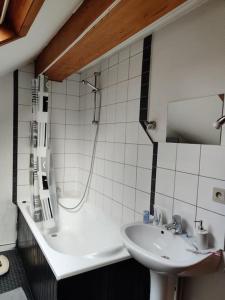希迈Appartement cosy à Chimay的白色的浴室设有水槽和淋浴。