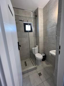 康斯坦察Hotel AMA WORLD的一间带卫生间和玻璃淋浴间的浴室