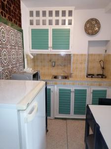 阿加迪尔阿加迪尔雅丝米娜公寓式酒店的厨房配有绿色橱柜和绿色百叶窗