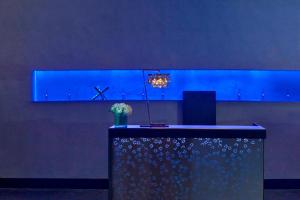 奥斯汀奥斯丁W酒店的蓝色的客房配有一张带花瓶的桌子