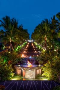 努沙杜瓦巴厘岛瑞吉度假村的花园,在晚上有喷泉和棕榈树