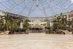 奥兰多盖洛德棕榈水疗度假酒店的一个带喷泉和玻璃天花板的大型温室