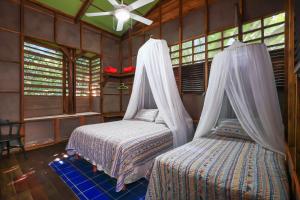 别霍港La Kukula Lodge的一间卧室配有两张床和吊扇