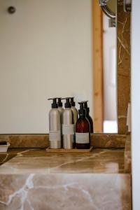 卡拉郫Finca Gomera - Agroturismo Hotel的一组三瓶,坐在镜子前的柜台上