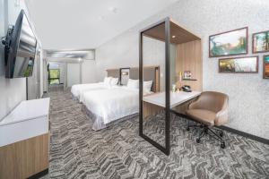 艾兰帕克SpringHill Suites Island Park Yellowstone的酒店客房带一张床、一张书桌和一面镜子