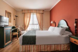 巴达霍斯Hotel Rio Badajoz的酒店客房设有一张大床和一台电视。