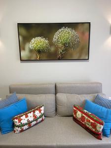 皮雷诺波利斯Eco Resort Quinta Santa Bárbara的客厅设有沙发,墙上挂有两幅画
