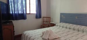 皮拉尔Cabañas del Pilar的一间卧室配有一张带蓝色床头板和椅子的床