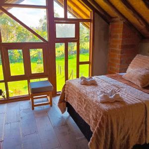 圣埃伦娜Chalet del lago Santa Elena的一间卧室设有一张床和一个大窗户