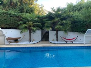 考普瓦利Disney cottage的两棵棕榈树和两个吊床,毗邻一个游泳池