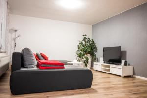 兹雷切Apartma Tia 2的客厅配有黑色的床和电视