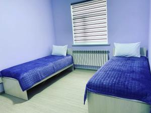 TürkistanApart House的配有两张床铺的蓝色墙壁和窗户