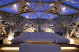 IsumiISUMI Glamping Resort ＆Spa SOLAS的蓝色天花板的房间里一张床位