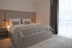 斯图加特舒适公寓式酒店的一间卧室设有一张大床和一个大窗户