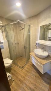 安塔利亚卡莱伊奇酒店的带淋浴、盥洗盆和卫生间的浴室