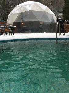 萨潘贾ozlifesapanca dome的雪地中的带遮阳伞的游泳池